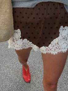Women Y2k Satin Silk Lace Trim Shorts Polka Dot Lace Floral Patchwork Silky Slip Shorts Comfy Pajamas Bottoms Satin Pettipants French Knickers Casual Lounge Pj Silk Shorts - 棕色 - 查看 7