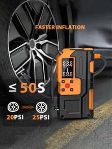 10000mAh High Capacity Car Jump Starter, Car Air Compressor, 2-In-1 Multifunctional Charger, Equipped With 150 PSI Digital Tire Inflator, LED Flashlight, Safety Hammer Design, Sturdy And Durable Structure, Includes Multiple Adapters | Emergency Vehicle Tool | High Visibility Orange | Comes With Storage Case