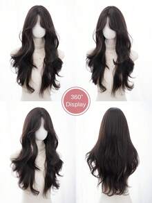 alicegarden 1 合成耐热。长自然波浪发，中心分假发，中等部分，棕色 26 英寸，日常自然、光滑、逼真的假发（不包括配件） - 黑色 - 查看 6