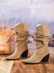 Giày bốt cổ ngắn đến giữa bắp chân dành cho nữ, chất liệu da lộn, gót dày, màu mơ, kiểu dáng miền Tây với viền bèo nhún, thích hợp cho các dịp lễ hội, mùa thu/đông. - Màu be - Xem 6