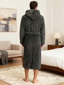 男士长款睡袍，加厚珊瑚绒，韩版，秋冬睡衣 - 深灰色 - 查看 5