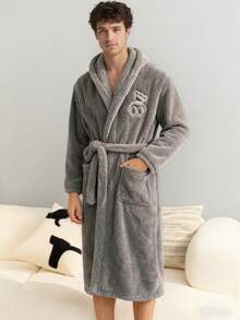 Men's Long Robe, Thickened Coral Fleece, Korean Style, Autumn/Winter Sleepwear