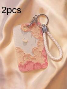 Floral Oil Painting Card Holder With Keychain - Flower Moon Oil Painting Design, Fashionable Protection For Your School And Office Cards, With Sliding Cover And Card Lanyard, Durable Plastic Protective Case Suitable For Student ID, Meal Card, Public Transportation And Metro Access Card, Hard Card Holder, Work ID Protector - Multicolor - View 13
