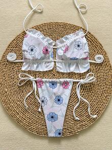 休闲优雅性感吊带比基尼套装，印花系带露背设计，饰有打结细节 - 彩色 - 查看 5