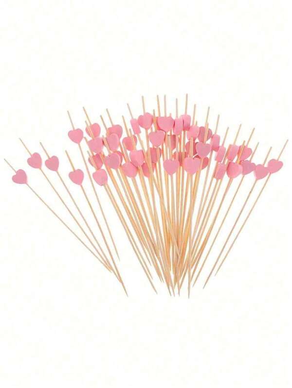 200/100/50/10pcs, 12cm Heart-Shaped Bamboo Skewers For Cupcakes, Fruit, Desserts, Salads, Cocktails, Wedding Decoration, Pink Heart-Shaped Cocktail Sticks, Sandwich & Appetizer Bamboo Toothpicks, Summer Party Supplies