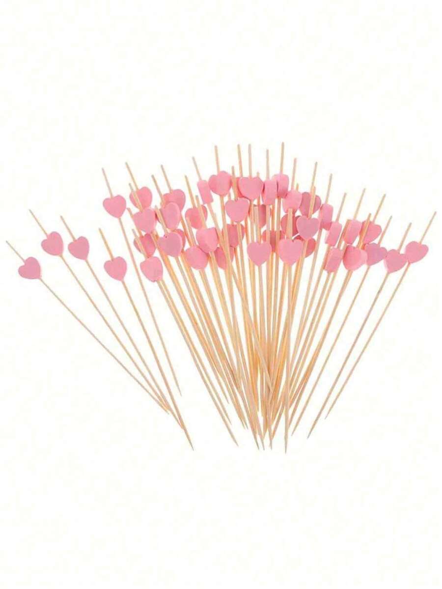 200/100/50/10pcs, 12cm Heart-Shaped Bamboo Skewers For Cupcakes, Fruit, Desserts, Salads, Cocktails, Wedding Decoration, Pink Heart-Shaped Cocktail Sticks, Sandwich & Appetizer Bamboo Toothpicks, Summer Party Supplies - Pink - View 1