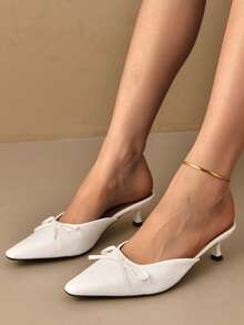 女士白色高跟凉鞋，时尚蝴蝶结细高跟鞋，优雅淑女风格，露趾穆勒鞋，夏季一脚蹬鞋 - 白色 - 查看 5