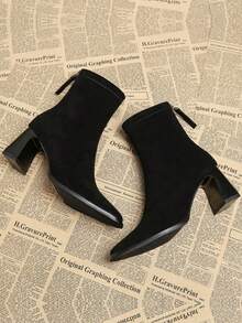 女士法式方头粗跟短靴，新款秋冬25厘米法式踝靴，麂皮拼接高端修身靴 - 黑色 - 查看 4