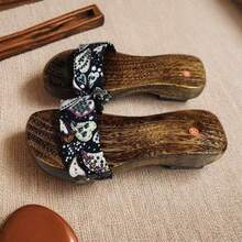 Floral Patterned Black & Colorful Flower Women's Wooden Clogs Slippers, Chinese Style Casual Home/Holiday Wear Sandals, Suitable For Spring, Summer, Autumn, Winter