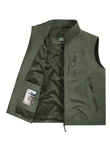 男士轻便背心，多口袋拉链尼龙无袖夹克，适合户外、钓鱼、摄影、休闲、运动，四季皆宜 - 軍綠色 - 查看 2