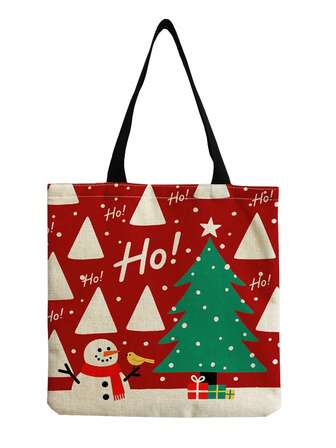 Vintage Christmas Themed Printed Tote Bag, Travel Portable Beach Bag, Large Capacity Fashion Casual Versatile Handbag, Christmas Tree & Snowman Ho! Pattern, Daily Commute Canvas Bag, Reusable Shopping Bag, Christmas Gift, Snowman Lover Gift