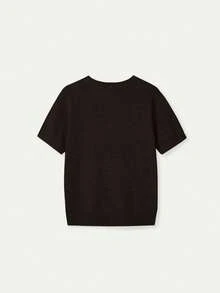New Spring/Summer Women Knit Short Sleeve Top, Casual Minimalist Style Solid Deep Brown Round Neck Pullover, Suitable For Daily Wear And Commuting - Dark Brown - View 5