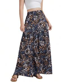 Falda casual plisada con estampado floral de patchwork brillante, ideal para vacaciones y playa