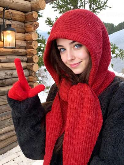 1pc Women Casual Solid Color Knitted Hooded Scarf Neck Warmer, Suitable For Autumn/Winter Everyday Outings And Travel For Dress