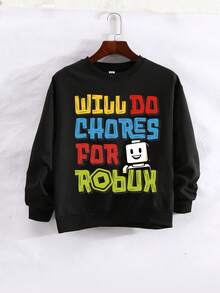 Jeune garçon Décontracté Simple Enfantin Coloré Lettre Slogan Robot Imprimé Pull Col Rond Manches Longues Automne et Hiver Nouveau - Noir - Voir 3