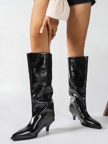 Women's Over-The-Knee Boots, New Autumn Fashion European And American Versatile Pointed Toe Elegant High Shaft Boots, Kitten Heel, Comfortable For Holiday Parties, Black Glossy - Black - View 4