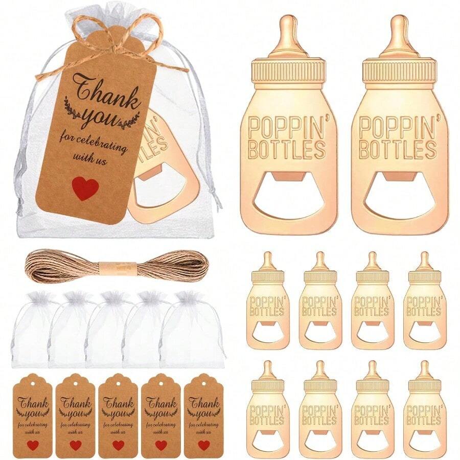50 件弹跳开瓶器婴儿派对礼物，适合宾客，婴儿派对回礼，婴儿奶瓶形状开瓶器，婴儿派对纪念品，附送欧根纱袋，感谢卡，小号，金色 - 金色 - 查看 1