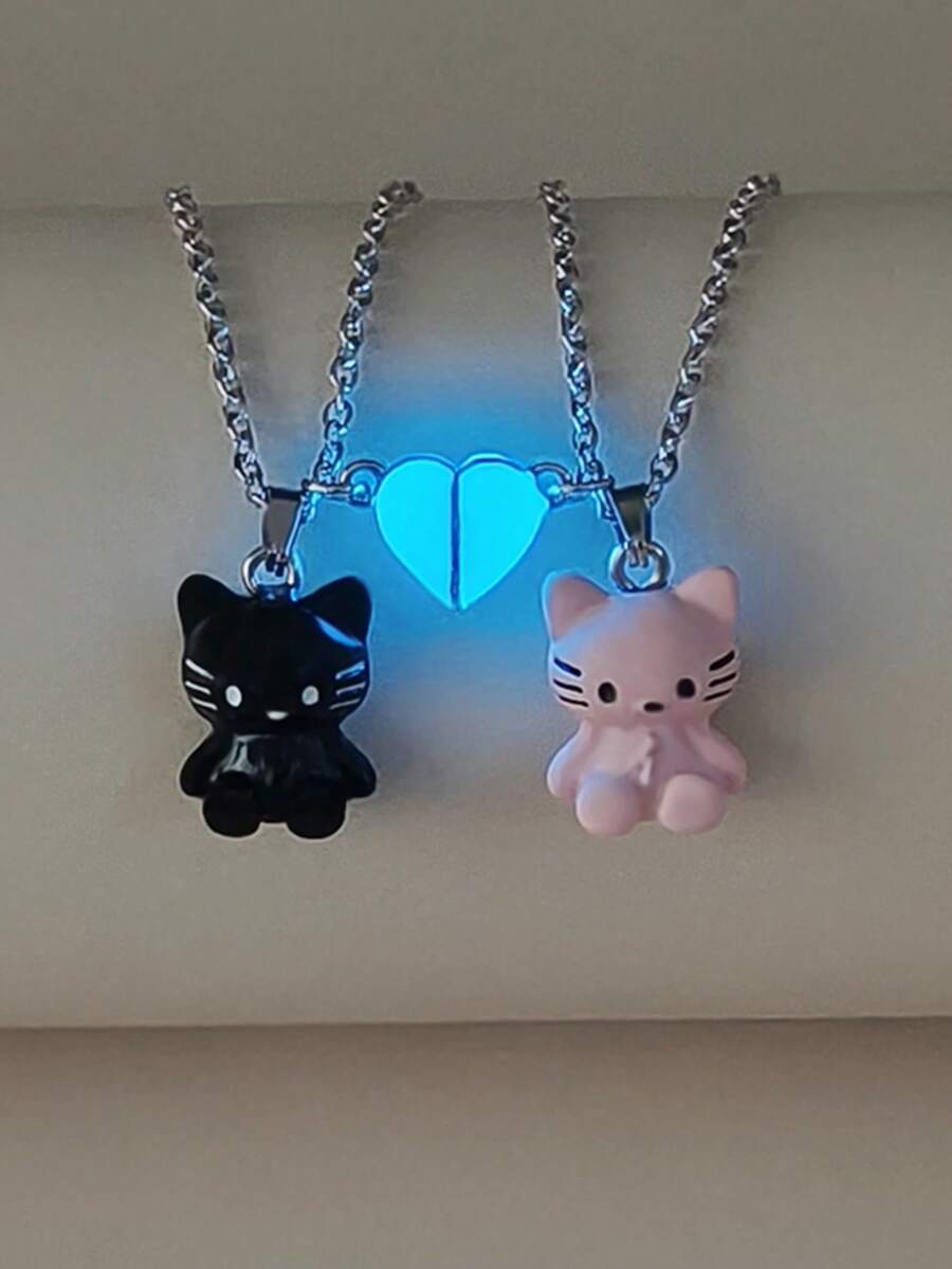 ATLVXJL 2件套夜光情侣/友谊爱心猫咪十字架吊坠项链套装，休闲饰品，适合日常佩戴和节日礼物 - 彩色 - 查看 1