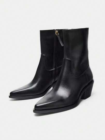 女式新款冬季皮革尖头粗跟侧拉链踝靴