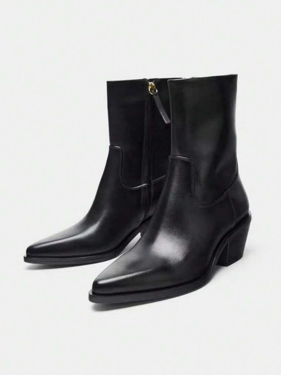 女式新款冬季皮革尖头粗跟侧拉链踝靴