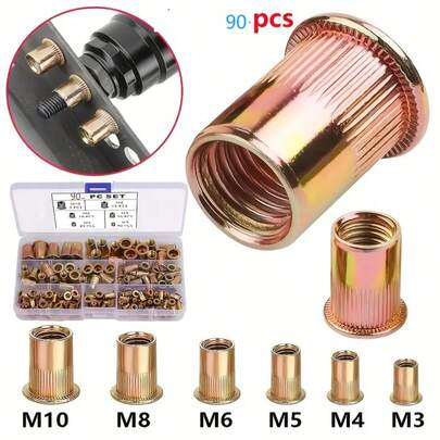 90 件铆螺母，公制碳钢铆螺母组合套件，平螺纹嵌件螺母组合，适用于汽车、家具、装饰、电气和工业产品（M3 M4 M5 M6 M8 M10）