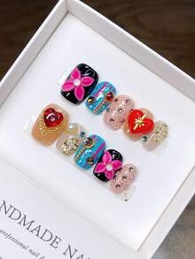 10 Móng Tay Giả Thủ Công Nguyên Chất, Hình Vuông Ngắn, Được Vẽ Tay và Khắc Hình Graffiti Cá Nhân Hóa, Móng Tay Giả Dán Thủ Công. - Nhiều màu - Xem 13