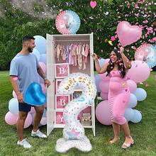 1/5 件性别揭秘气球套装，包含站立问号气球、18 英寸蓝色和粉色圆形性别揭秘气球，适用于性别揭秘派对、粉色和蓝色生日派对、迎婴派对、照片背景 - 彩色 - 查看 4