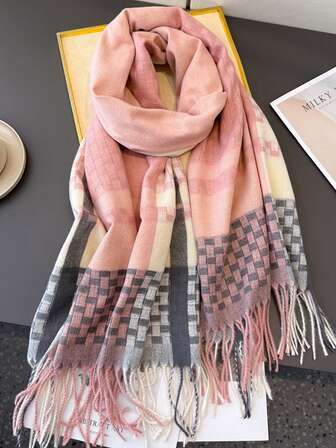 1pc Classic Plaid Warm Scarf Shawl, Faux Cashmere, Unisex, Tassels, Suitable For Commuting, Autumn/Winter