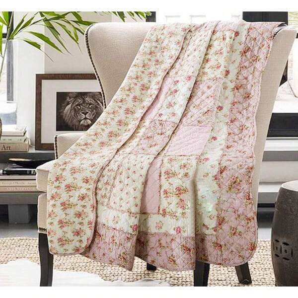 100% Cotton Patchwork Quilt Full Queen Size Pink Floral Bedspread Coverlet Reversible Vintage Shabby Chic Quilted Throw Blanket For Bed, Couch, Sofa