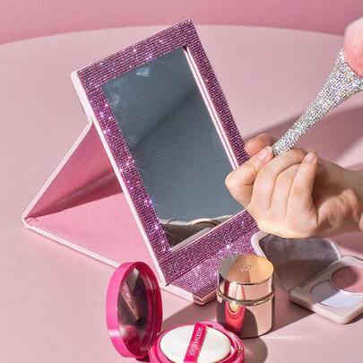 1pc Rhinestone-Embellished HD Foldable Mirror – Shimmer Pink PU Leather, Ultra-Portable For Purse/Desk, Cute Girlish Vanity Mirror To See Your Beauty Anywhere, On-The-Go Makeup Essential,Cheap,Stocking Stuffers,Makeup,Makeup Tools,Cheap Stuff,Gifts,Gifts For Women,Christmas Gifts,Giveaways,Travel,Cheap Stuff,Travel Essential