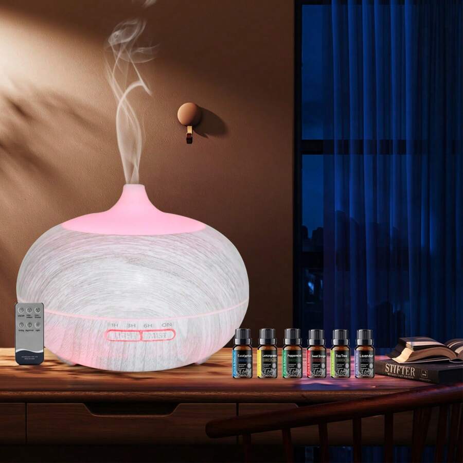 550ml Wood Grain Essential Oil Diffuser Comes With Remote, 6 Oils & 7 Color LED Mood Light - trắng - Xem 1