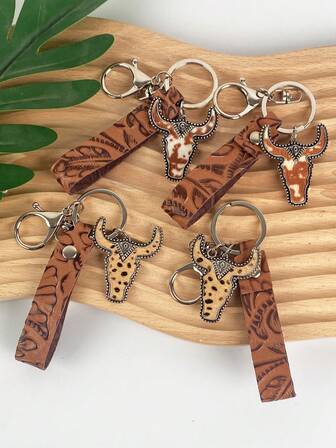 1pc Random Ox Head Pattern Metal Pendant & Vintage Embossed PU Leather Keychain