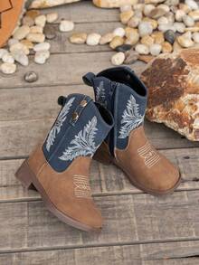 Children's Vintage Casual Embroidered Square Toe Boots, Suitable For All Seasons - Blue - View 3