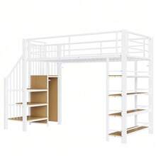 Loft Bed 90x200 Cm – Space-Saving & | Integrated Wardrobe With Storage Space | & High Safety Fence Design | White Single Bed & Youth Bed - White - View 10