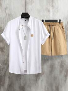 Conjunto informal de dos piezas para hombre para verano: camisa lisa de manga corta + pantalones cortos - Blanco - Ver 6