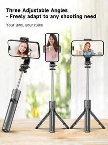 TOKQI 自拍杆三脚架，带可选补光灯，便携式和伸缩式，可伸缩自拍杆三脚架，带无线遥控器和三脚架支架，轻巧紧凑，兼容各种设备型号。