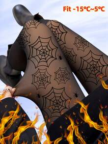 1pc Women's Spider Web Print Knitted Thick Leggings, Casual Daily Wear, Thermal Lined, Warm & Cozy