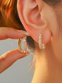 Hihho 2pcs European & American Styles Cubic Zirconia Inlaid Hoop Earrings, U-Shape Ear Cuffs, Round Earrings For Women, Fashion Minimalist Jewelry Accessories - Yellow Gold - View 8