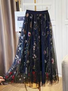优雅女士刺绣网纱A字半身裙，高腰刺绣薄纱裙，淑女风春秋装