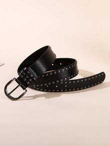 1pc/2pcs Women's Metal Buckle Double Row Rivet Solid Color Punk PU Leather Solid Stud Decor Waist Belt Accessory, Suitable For School, All Seasons, Gift For Women