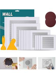 7件套（2片15厘米+2片20厘米+2片4英寸砂纸+1个塑料刮刀）石膏板修补铝墙贴片套装，镀锌板上覆有玻璃纤维网，石膏板孔洞修补贴片，带加长自粘网的金属贴片，易于使用的玻璃纤维和铝墙修补贴片 - 彩色 - 查看 1