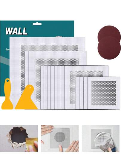 7件套（2片15厘米+2片20厘米+2片4英寸砂纸+1个塑料刮刀）石膏板修补铝墙贴片套装，镀锌板上覆有玻璃纤维网，石膏板孔洞修补贴片，带加长自粘网的金属贴片，易于使用的玻璃纤维和铝墙修补贴片