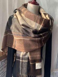 1件女士时尚韩版格子围巾秋冬保暖时尚流苏学生围巾加厚长围巾男情侣披肩 - 咖色 - 查看 5