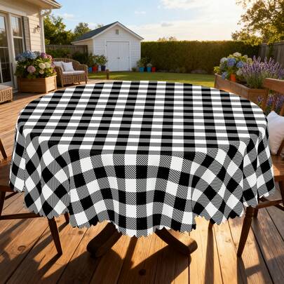 1 pieza Mantel con tema de granja, diseño de patrón a cuadros en blanco y negro, para reuniones festivas, campamentos, picnics, barbacoas de jardín, decoración de fiestas, accesorios de cocina, decoración vintage de habitaciones y decoración exterior, regalo para amigos, rectangular y redondo