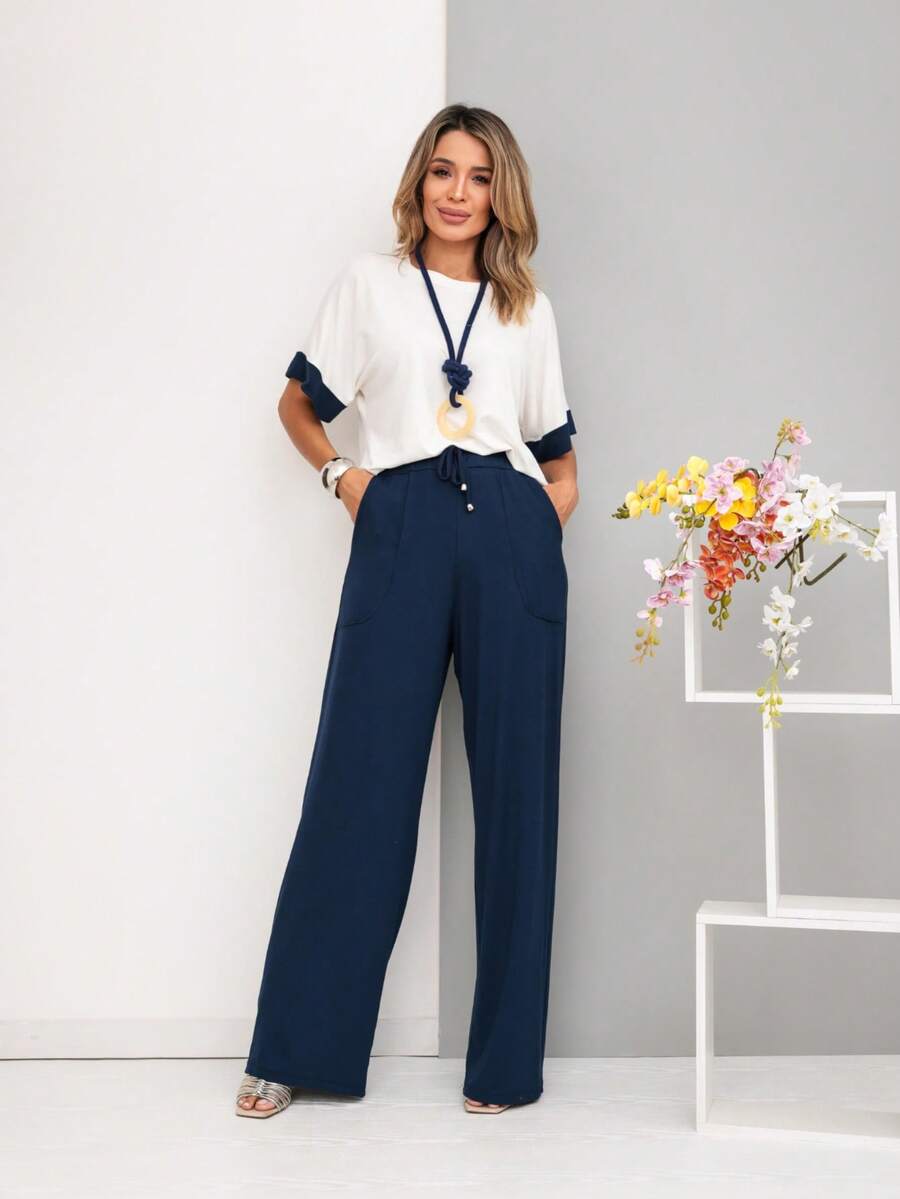 Women's Set, Wide Leg Pants, Two-Tone Sleeve Blouse, Loose, Elegant - 藏蓝色 - 查看 1