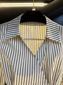 Áo cánh tay dài thường ngày cổ chữ V thắt eo kiểu Pháp cỡ lớn dành cho nữ, thích hợp mặc hàng ngày, hẹn hò, đi nghỉ, tiệc sinh nhật, tiệc trở lại trường, tiệc độc thân, du lịch, mùa xuân và mùa thu - Đen và trắng - Xem 3