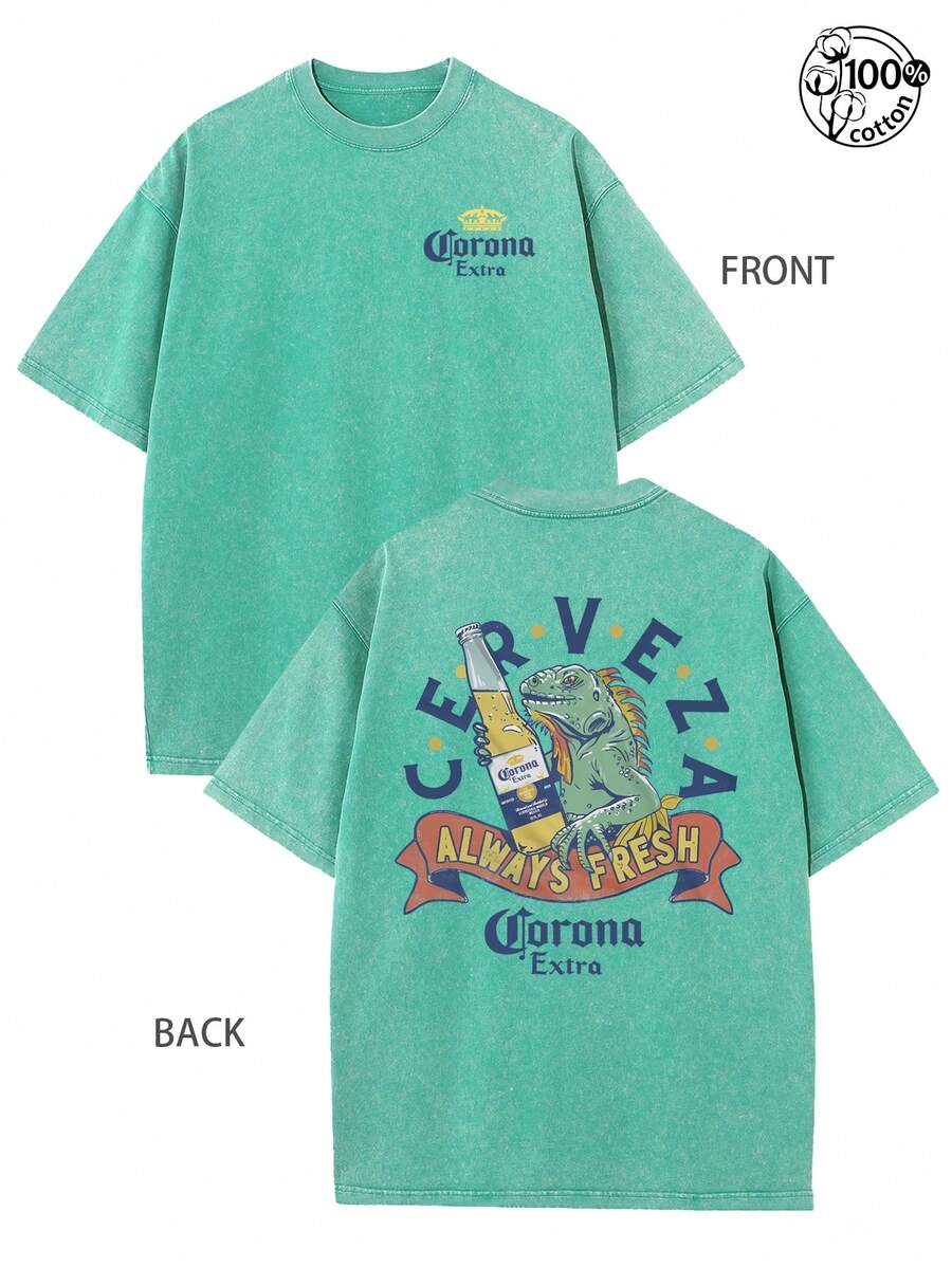 Graphic Tee With A Lizard Holding A Beer; Corona Extra , Always Fresh; Retro Washed T-Shirt With Double-Sided Printed (230G Pure Cotton T-Shirt); Crew Neck, Short Sleeves, Regular Fit, Casual Wear With Design, Streetwear For Men, Men's Fall Clothes, Vintage T-Shirt,Unisex - 薄荷綠 - 查看 1