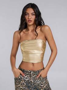 TypaGal Winter Fall Modern Chic New Year Party Retro Elegant Sexy Street Minimalist Gold Women's Minimalist Fitted Champagne Color Knit PU Tube Top - Champagne - View 1