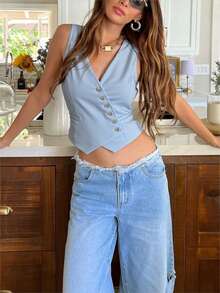 女士纯蓝色休闲优雅通勤不对称前开式西装背心，适合日常外出、通勤、约会、街拍、圣诞节、情人节等场合 - 淺藍色 - 查看 6