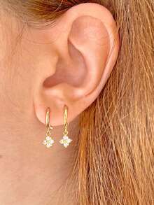 Nooxian 2 件女士耳环，铜镶嵌锆石幸运四叶草吊坠环状耳环，日常叠戴耳环，礼物 - 金黃色 - 查看 5